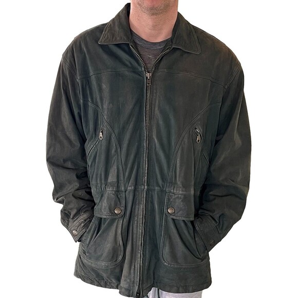 Vintage 80s 90s Grunge 100% Leather Worn Forest Green Heavy Coat Jacket Men's M - Picture 3 of 14